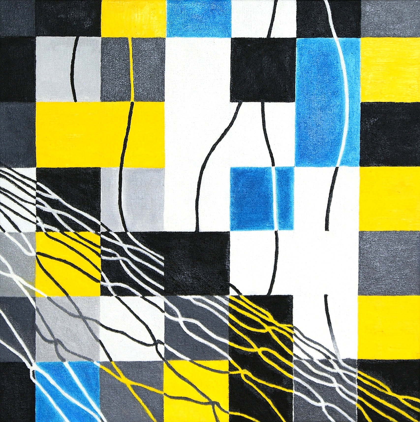 Net Descending II, Cyan, Yellow (Oil on canvas, 40cm x 40cm)